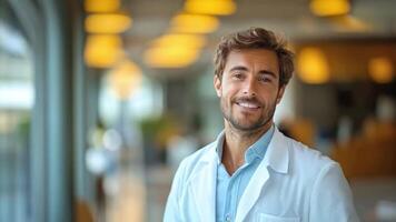 A healthcare professional stands in a hospital, dressed in a white coat. He smiles warmly, ready to assist patients. Soft lighting and a welcoming atmosphere enhance the environment, promoting care. video