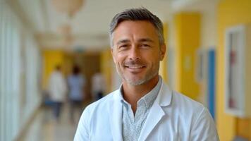 A healthcare professional stands confidently in a colorful hospital corridor, offering a warm smile. Bright lighting enhances the inviting atmosphere as staff members move in the background. video