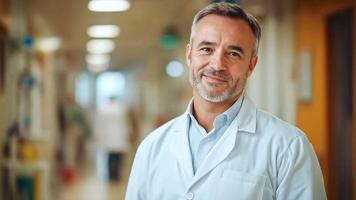 A healthcare worker stands confidently in a hospital hallway, wearing a lab coat and smiling at the camera. Other medical staff can be seen in the background, focused on patient care. video