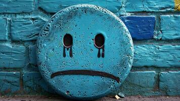 A large, bright blue sad face is painted on a textured brick wall. The artwork features tear-like drips, conveying deep emotions. Surrounding colors add vibrancy to the urban setting. video