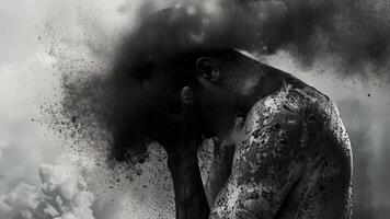 A figure stands in a posture of distress, with hands on their head, amidst swirling clouds of dark mist. The composition reflects deep emotional struggle and internal conflict. video