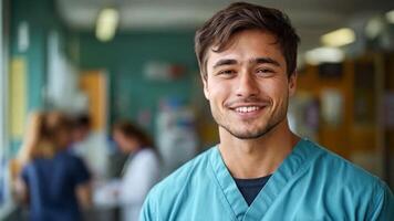 A medical professional in scrubs smiles warmly in a busy hospital environment. Colleagues attend to patients nearby, creating a supportive atmosphere for healthcare delivery. video