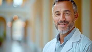 A friendly doctor stands in a hospital corridor, wearing a white coat and offering a comforting smile. video