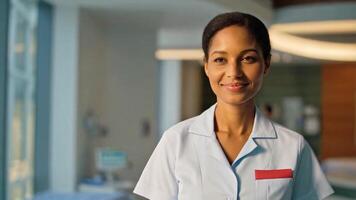 A dedicated nurse is smiling at the camera in a modern hospital setting. Her uniform represents professionalism, and the bright environment enhances the feeling of care and support in medicine. video