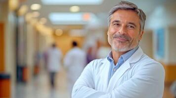 A friendly healthcare worker stands confidently in a hospital hallway. The professional is dressed in a white coat and is poised to provide care and support in this medical environment. video