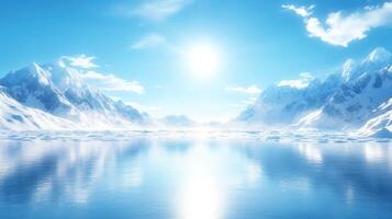 serene glacial lake reflecting towering mountains and sunlight photo