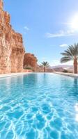 serene desert oasis with sparkling blue pool and palm trees photo
