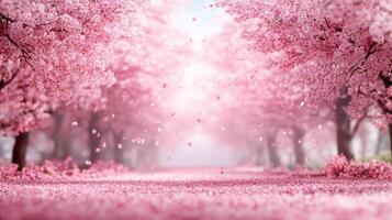 the pink serene cherry blossom park in spring with falling petals photo
