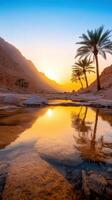 serene desert oasis with palm trees and reflective pool photo