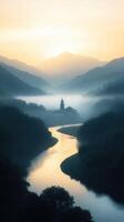 a scenic river winding through foggy valley at dawn photo