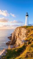 lighthouse on rocky coastline with dramatic cliffs photo