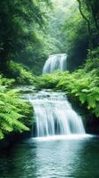 a Lush tropical rainforest with cascading waterfalls and greenery photo