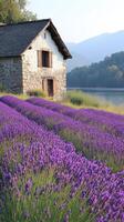 serene lavender field near rustic house by lake photo