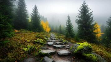 misty mountain trail with moss covered rocks and vibrant trees photo