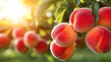 Ripe peaches hanging from branches in sunny orchard photo