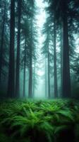 Misty coastal forest with towering trees and lush ferns photo