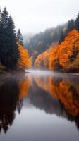 misty river reflects vibrant autumn trees in serene beauty photo