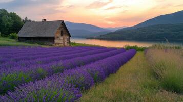lavender field at sunset near rustic cabin photo