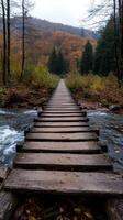 rustic wooden bridge crossing flowing river in autumn photo