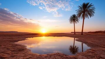 serene desert oasis with small pool reflecting sunset photo