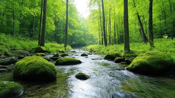 un sereno bosque con cristal claro corriente y lozano verdor foto