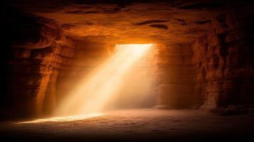 the misty canyon at sunrise with light streaming through photo