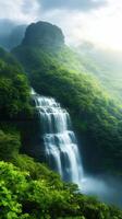 lush tropical rainforest with cascading waterfalls and greenery photo