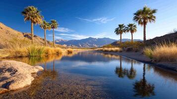 serene desert oasis with palm trees and calm pool photo