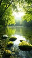 serene forest with crystal clear stream and lush greenery photo