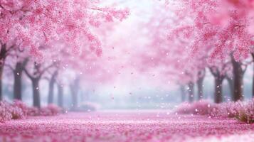 the serene cherry blossom park in spring with falling petals photo
