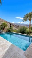serene desert oasis with crystal clear pool and palm trees photo