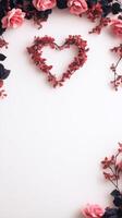 heart shaped wreath made of red flowers and leaves on white background photo