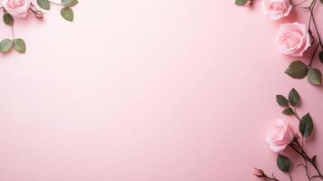 Beautiful pink roses and green leaves create lovely border on soft background photo