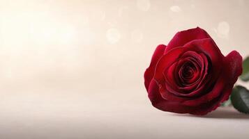 close up of single red rose on light cream background, symbolizing love and beauty photo