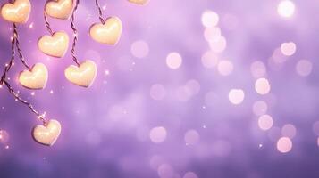 Dreamy lavender background with glowing hearts and soft bokeh effect photo