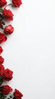 Beautiful red roses arranged on bright white background, creating romantic atmosphere photo