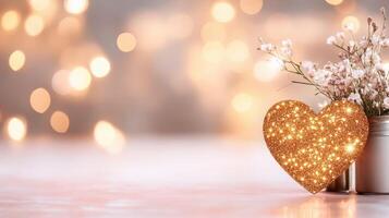 sparkling gold heart beside soft blush flower arrangement creates romantic atmosphere photo