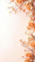 Beautiful roses and delicate flowers create charming floral border photo