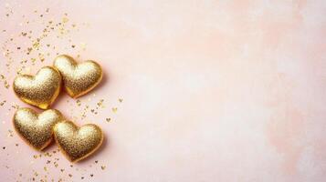 Golden hearts scattered on soft pink background create romantic vibe photo