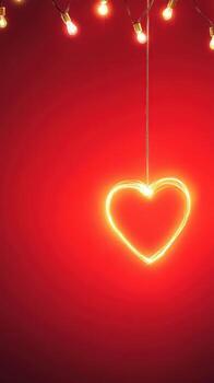 glowing heart outline hangs against bold red background, radiating warmth photo