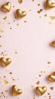 Delicate golden hearts scattered on soft pink background create romantic vibe photo