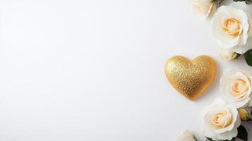 Golden heart surrounded by white roses on clean background photo