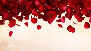 Falling red rose petals create romantic and enchanting atmosphere photo