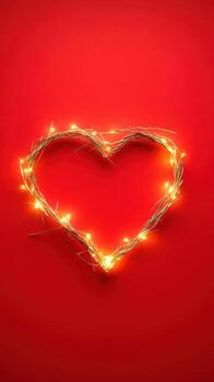 glowing heart shape made of lights on bold red background evokes warmth and love photo