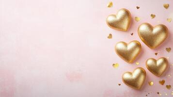 Golden hearts on pink background create romantic and festive atmosphere photo