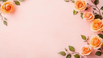 Fresh peach roses with green leaves on soft pink background photo