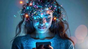 A young woman gazes at her smartphone, surrounded by colorful, illuminated connections symbolizing digital interaction. Her expression reflects curiosity and engagement in this vibrant setting. video