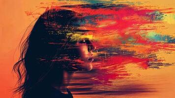 A profile silhouette is blended with vibrant colors and abstract brush strokes. This artistic representation conveys a sense of movement and emotion, highlighting creativity. video