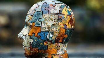 An intricate sculpture shaped like a human head made of colorful puzzle pieces adds an artistic element to the outdoor environment, emphasizing creativity and complexity in art. video