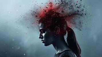 A young woman stands in profile, her head bursting with vibrant fragments and colors. The dramatic visual portrays the complexity of thoughts and emotions in a surreal manner. video